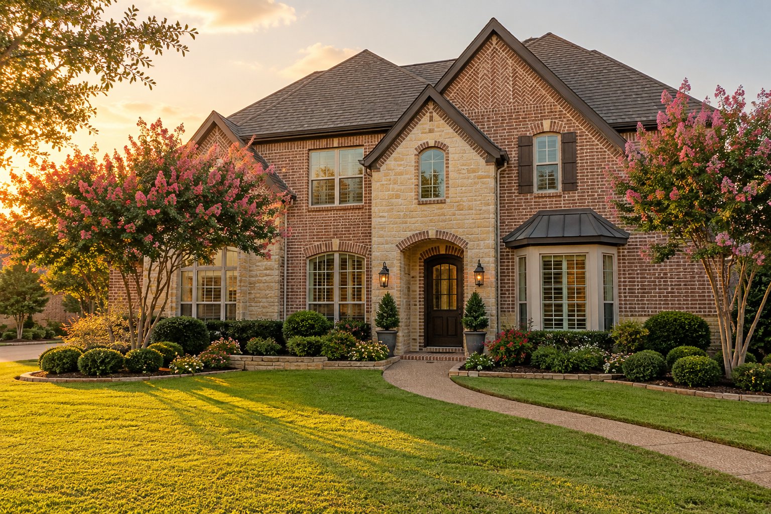 A brick and stone North Texas home at golden hour, illustrative