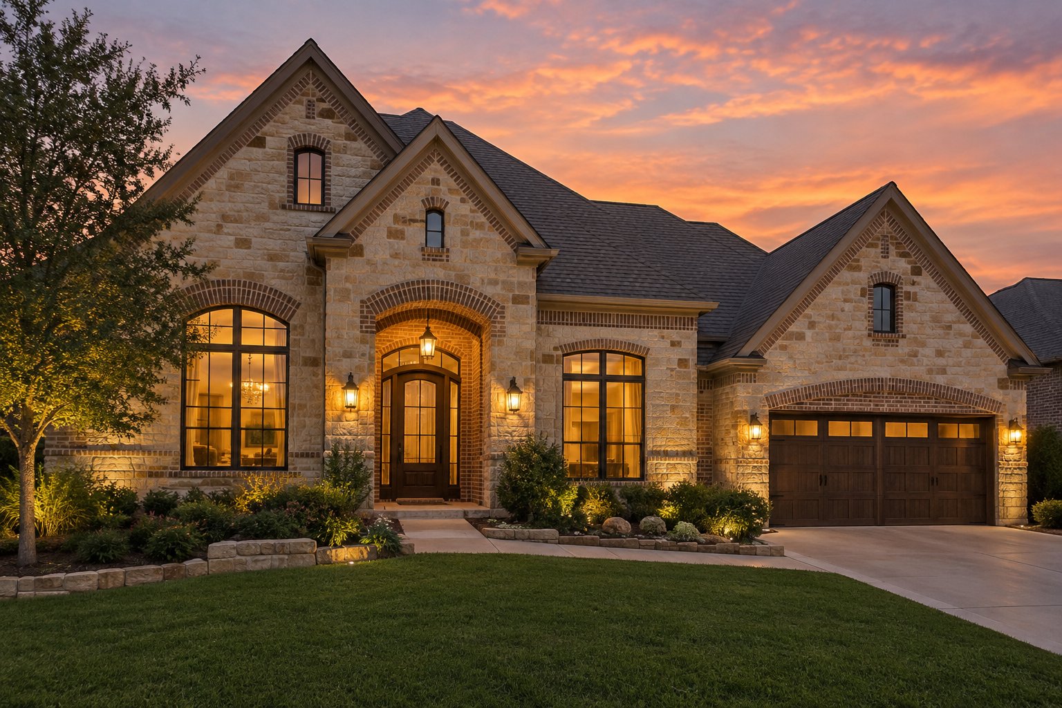 A Frisco limestone home exterior at dusk, illustrative